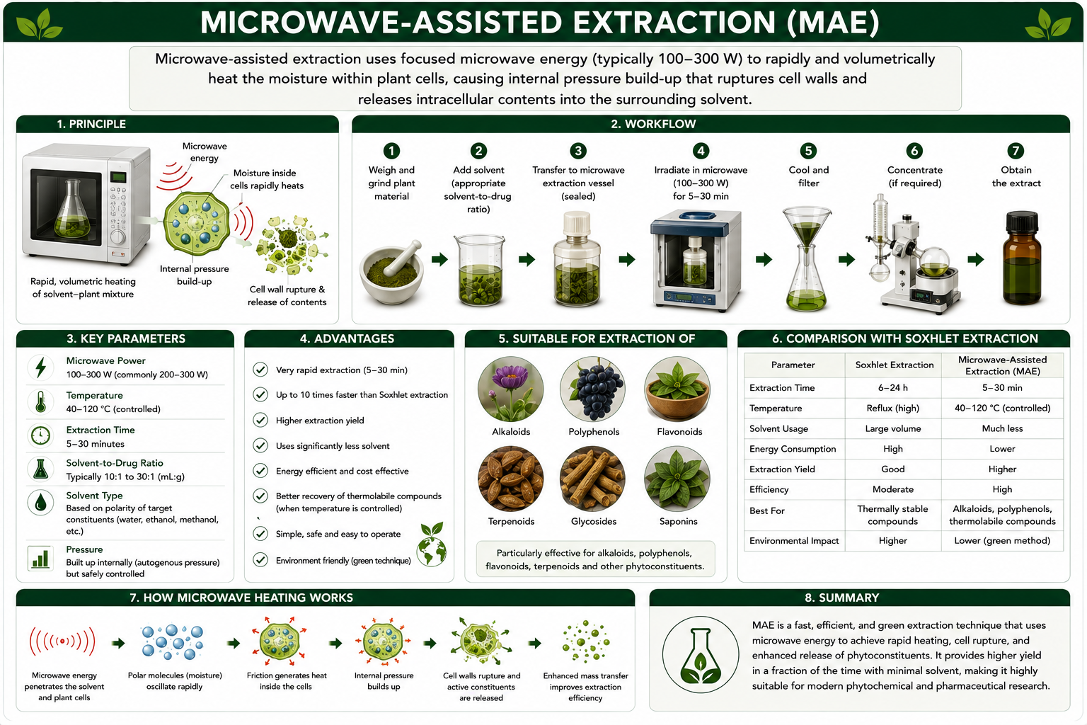 Microwave-assisted extraction (MAE): principle, workflow, key parameters, advantages, suitability, and comparison with Soxhlet extraction